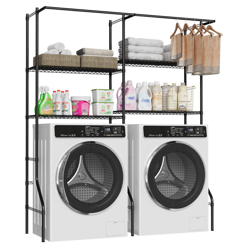 4-Tier Over Washer/Dryer Storage Shelves with Adjustable Shelves | Heavy Duty Metal Laundry Organiser with Towel & Drying Rack, Space-Saving for Laundry Room