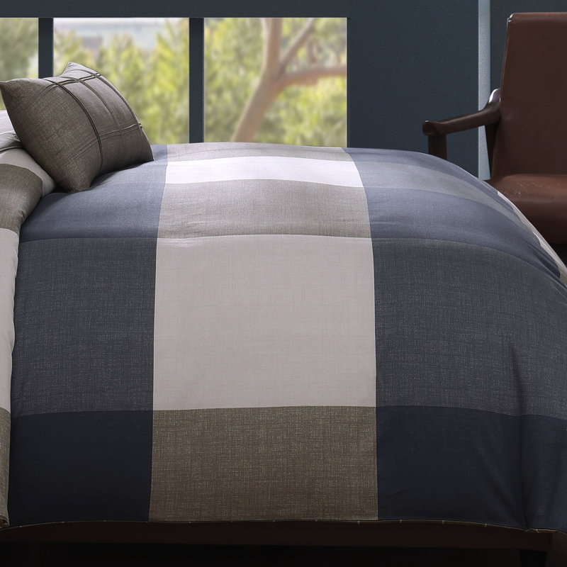 Bebejan Checkered Navy Tan 100% Cotton Sateen 5 Piece Reversible Comforter Set, King