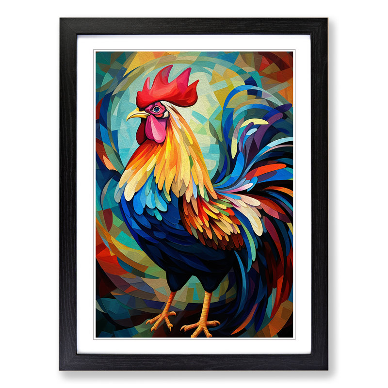 Rooster Orphism - Single Picture Frame Print on Wood, 64cm H x 46cm W x 2cm D, Black