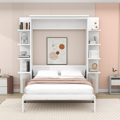 Grand lit escamotable en bois avec lumières et tablettes
