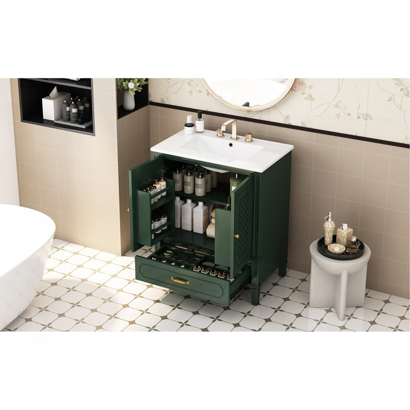 [Vidéo] Meuble-lavabo de 30 po avec lavabo style rétro, espace de rangement multifonctionnel, tablette de porte, porte à fermeture douce, vert