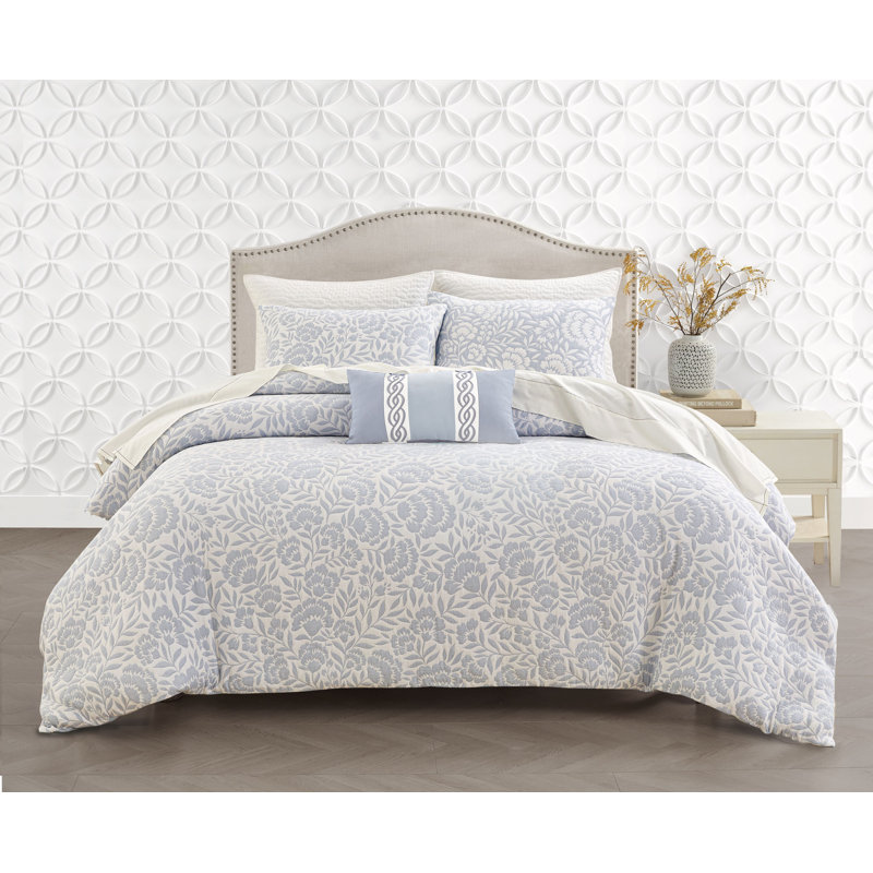 Ensemble de housse de couette Colette en coton matelassé avec bride 1/2 po - motif floral élégant, Bleu