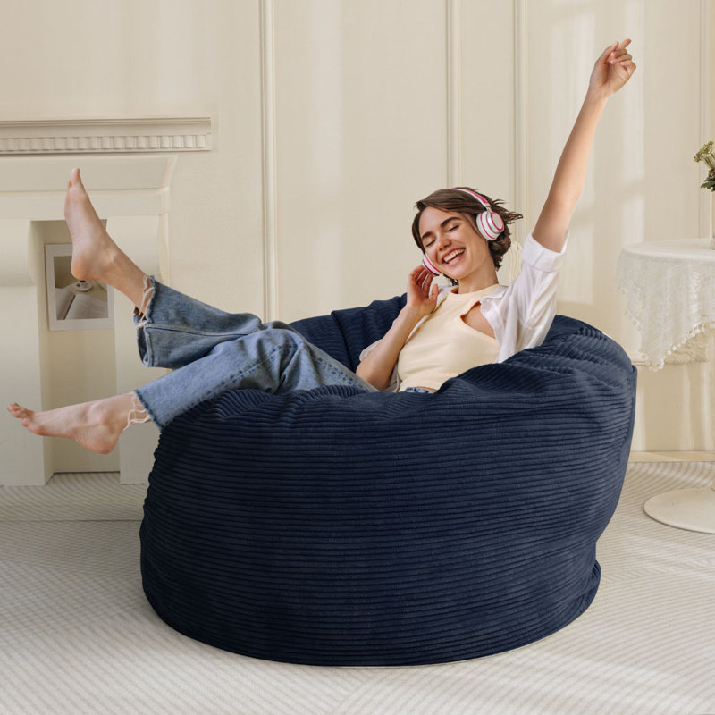 Corduroy Bean Bag Chair & Lounger, Navy Blue Corduroy, 27.6 H x 47.2 x 47.3