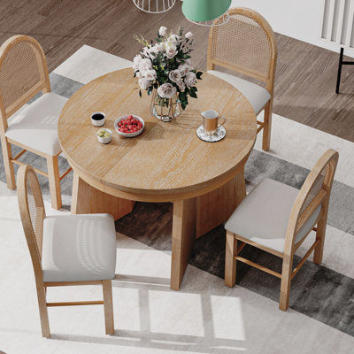 Retro Extendable 5-Piece Round Dining Table Set With 4 Upholstered Chairs, For Cozy Family Meals And Gatherings, Dining Table Set