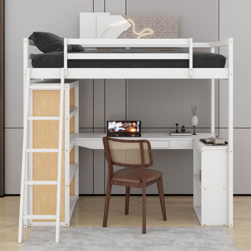 Lit mezzanine simple avec échelle, tablettes et bureau