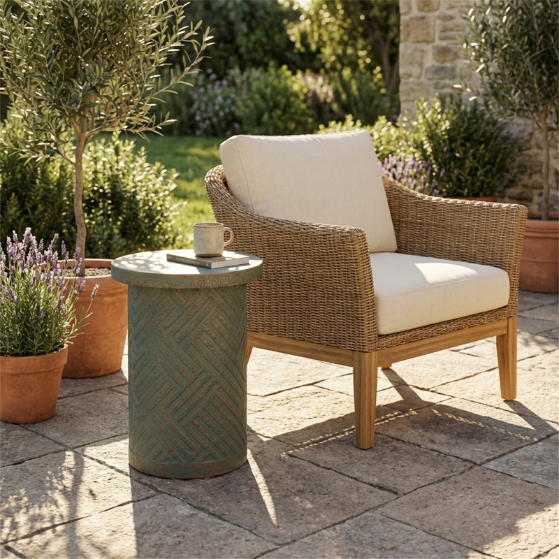 Table d'appoint d'extérieur, petit tabouret en béton avec une finition en pierre patinée, table d'appoint / table basse de style bohémien, table d'appoint décorative, table en forme de tambour, convient pour une utilisation intérieure et extérieure