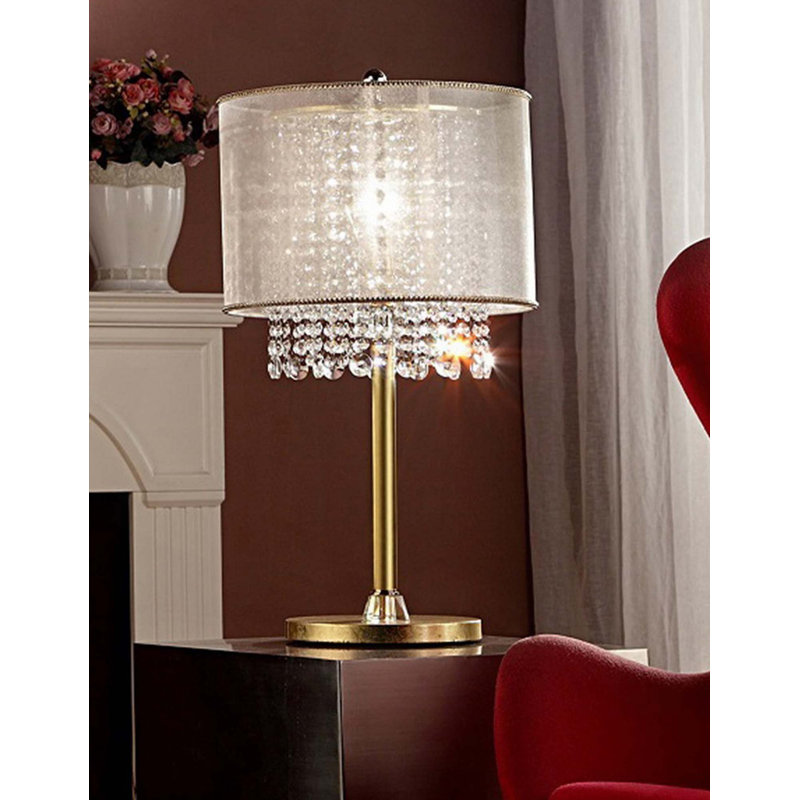 Grande lampe de table 30 "en métal" Bhavya "avec finition dorée, abat-jour blanc