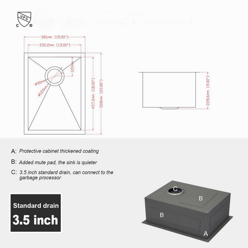 Évier de cuisine encastré 15 po - évier de cuisine encastrable 15 po x 20 po x 9 po en acier inoxydable de calibre 16
