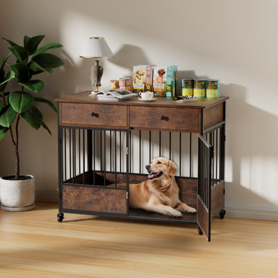 Multi Functional Wooden Dog Crate Furniture with Storage Drawer | Three Door Design for Ventilation, Locking Casters, Heavy Duty Steel Tube Frame, End Table for Large Breeds
