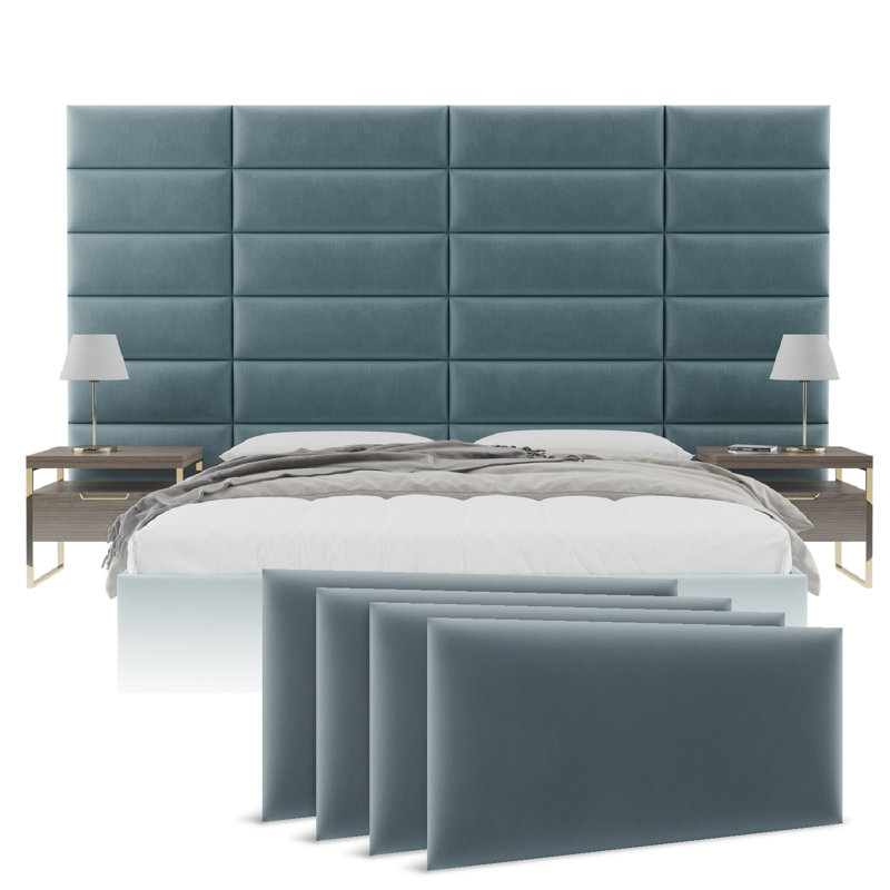 Tête de lit tapissier à panneau en bois massif Sapan, Grand, Microfibre de velours bleu antique