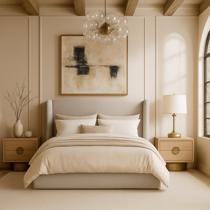 Kendall Wanaque Linen Textured Fabric Upholstered Bed, Beige Linen Textured Fabric, Full