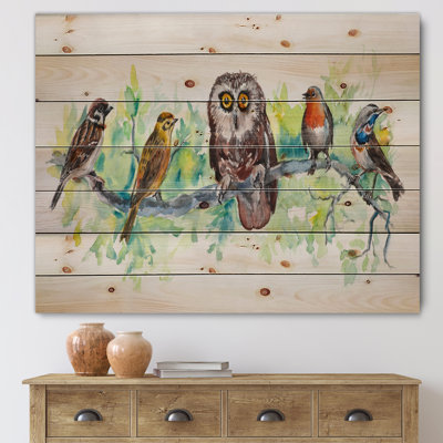 " Owl On A Branch With Bird Friends " Painting Print