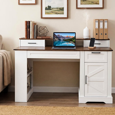 Bureau blanc de 55 po avec armoire de rangement et support pour écran pour un bureau à domicile élégant et bien organisé