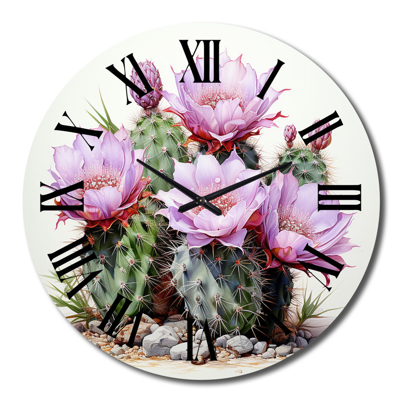 Horloge murale florale cactus rose et vert délicatement complexe II, Grand