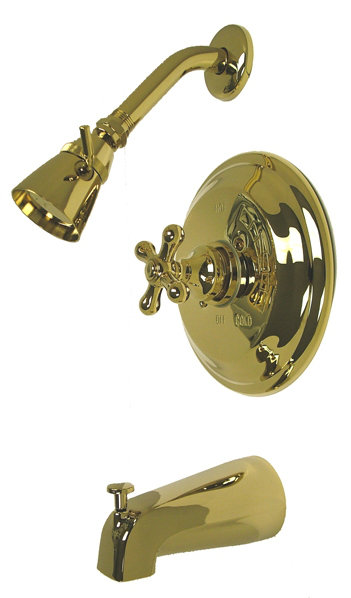 Vintage Single Handle Wall Mount Pressure Balanced Tub Spout Trim Metal Cross Handle, Polished Brass