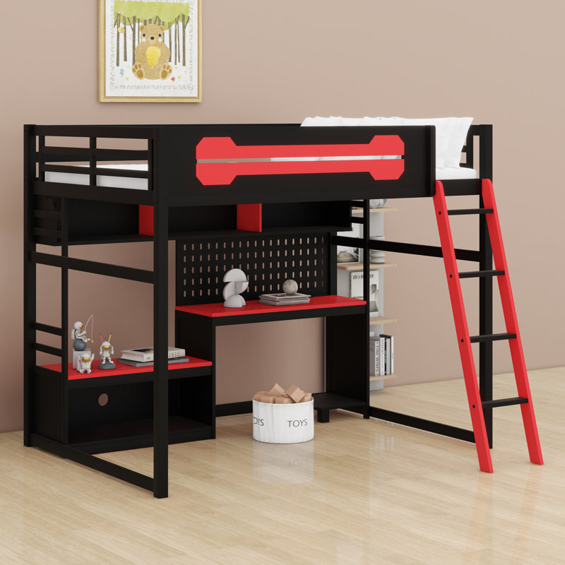 Lit mezzanine en bois avec bureau, Noir / Rouge