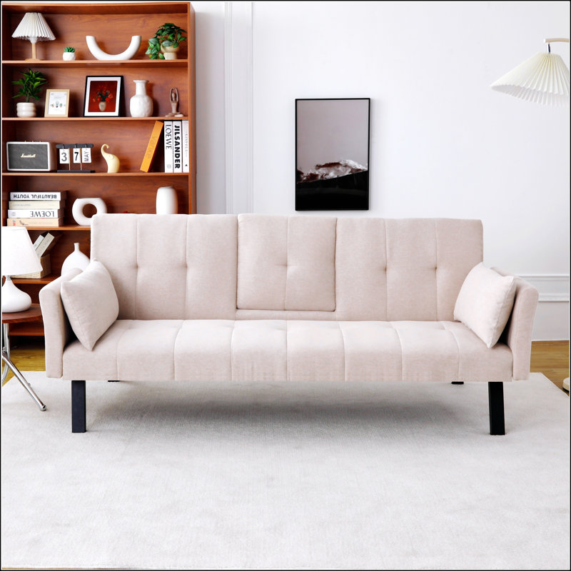 Multi-Functional Cotton And Linen Sofa Bed: Foldable, Cup Holder, Side Storage, Instantly Switch Between Living Room And Bedroom