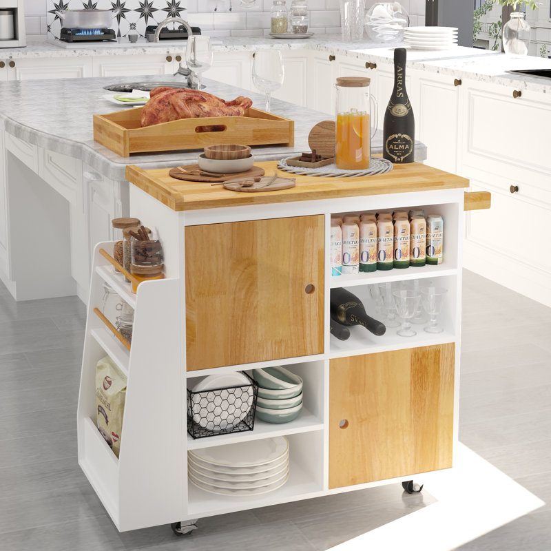 Îlot de cuisine, chariot de cuisine et chariot de service sur roulettes avec porte-épices, chariot de rangement utilitaire avec tiroirs de rangement, blanc, îlot de cuisine