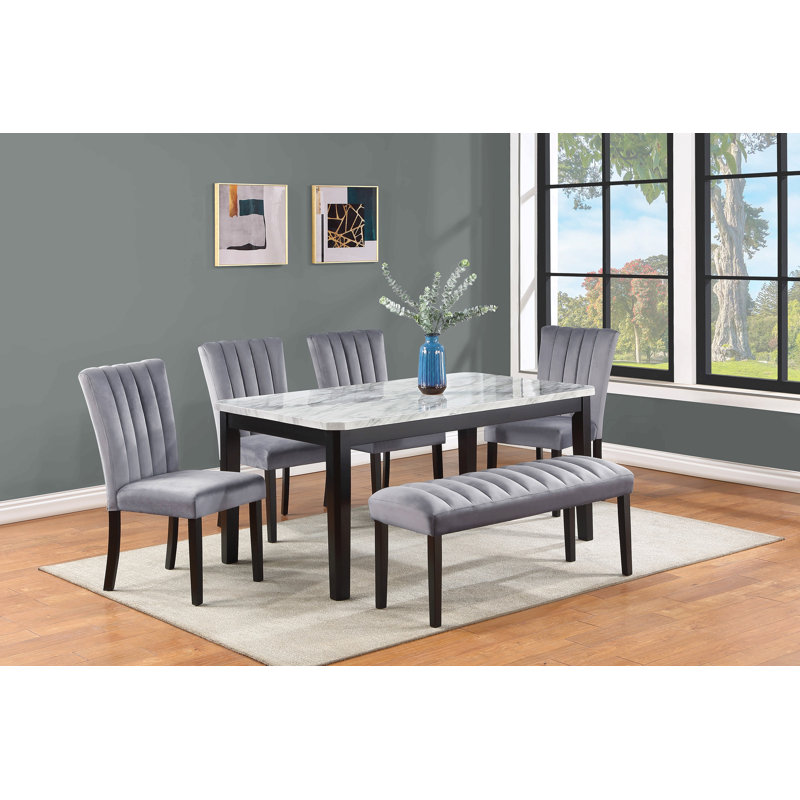 Ensemble de salle à manger 6 pièces avec plateau rectangulaire en faux marbre et plateau en bois massif