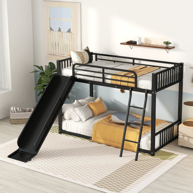 Metal Bunk Bed With Slide, Twin Over Twin, Black