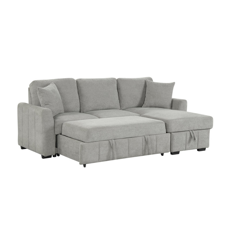 90" W Sectional Sofa Sleeper With Storage Chaise, Gray Polyester