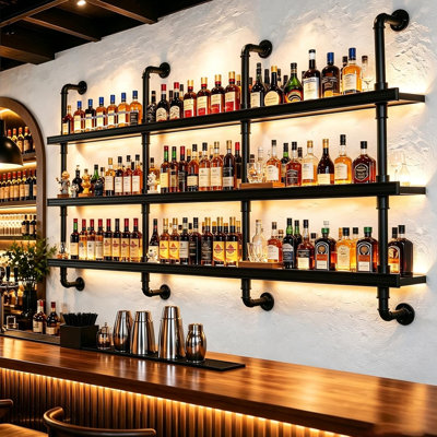 35IN 3-Tier Black Pipe Wall Mounted Wine Rack with Warm LED Light