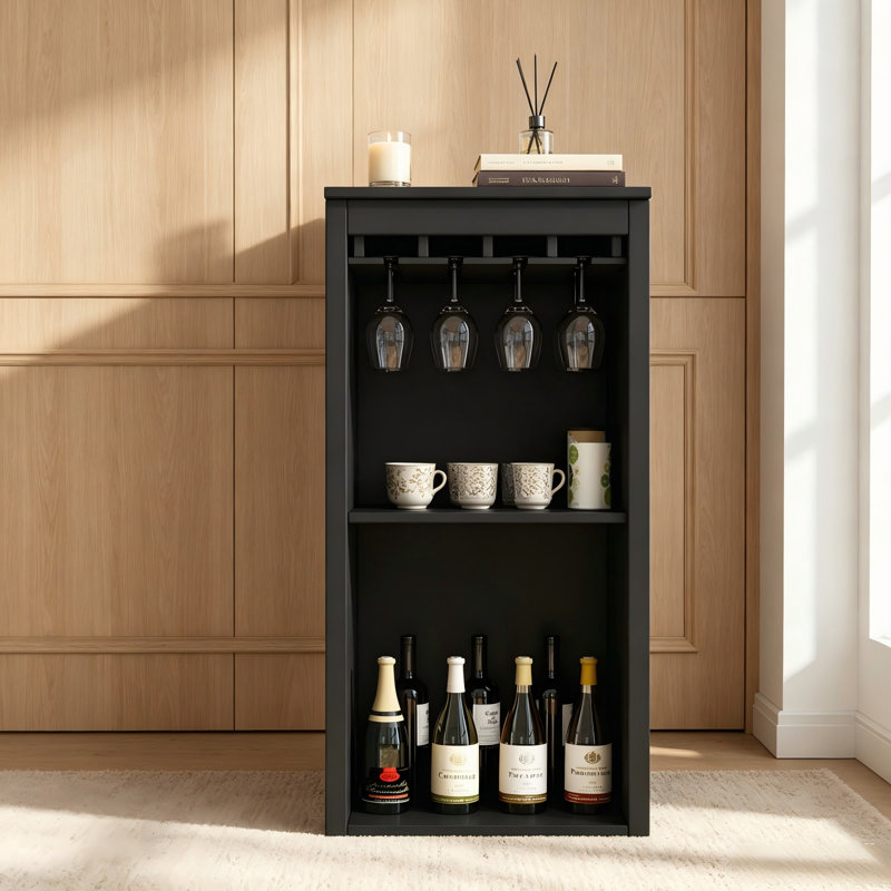 Black Modular Wine Bar Cabinet With Storage Shelves & Hutch, Dining Room Buffet
