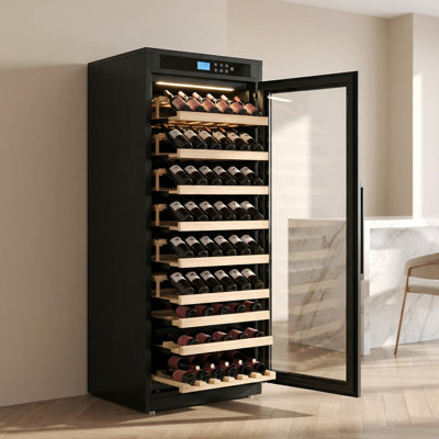 Freestanding Red Oak Wine Cabinet with Embraco Compressor, Humidity Control & UV Glass Door | Fridge.com