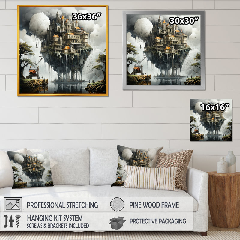 Surréalisme, château mystique - impression, H 16 po x l 16 po x P 1 po, Cadre flottant doré