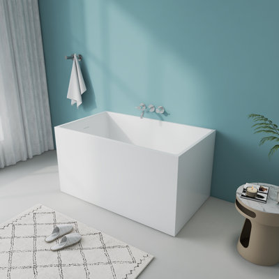 HIGEINE 47" Acrylic Freestanding Bathtub, Square Shape Janpanese Soaking Tub with Seat Desgin