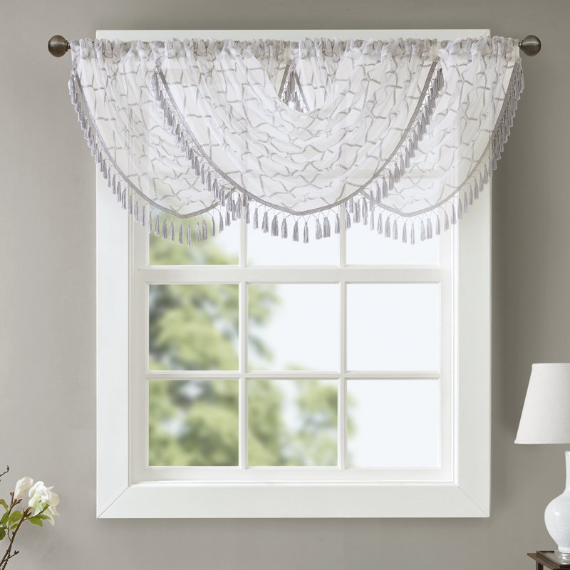 Sill Length White/Grey Embroidered Sheer Waterfall Valance