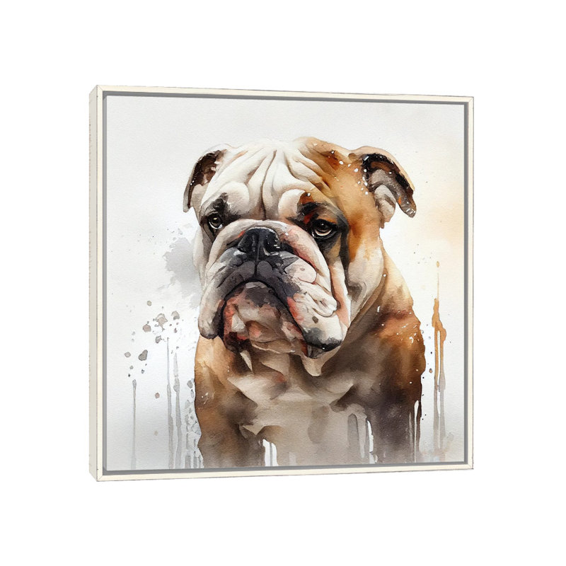 Aquarelle, bouledogue britannique, Toile encadrée flottante blanc vieilli, H 18 po x l 18 po x P 1,5 po