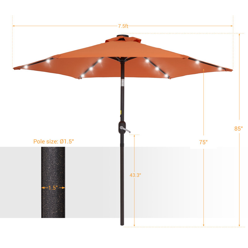 Parasol de marché d'extérieur DEL 7,5 pi avec bouton-poussoir inclinable Davinna, Orange