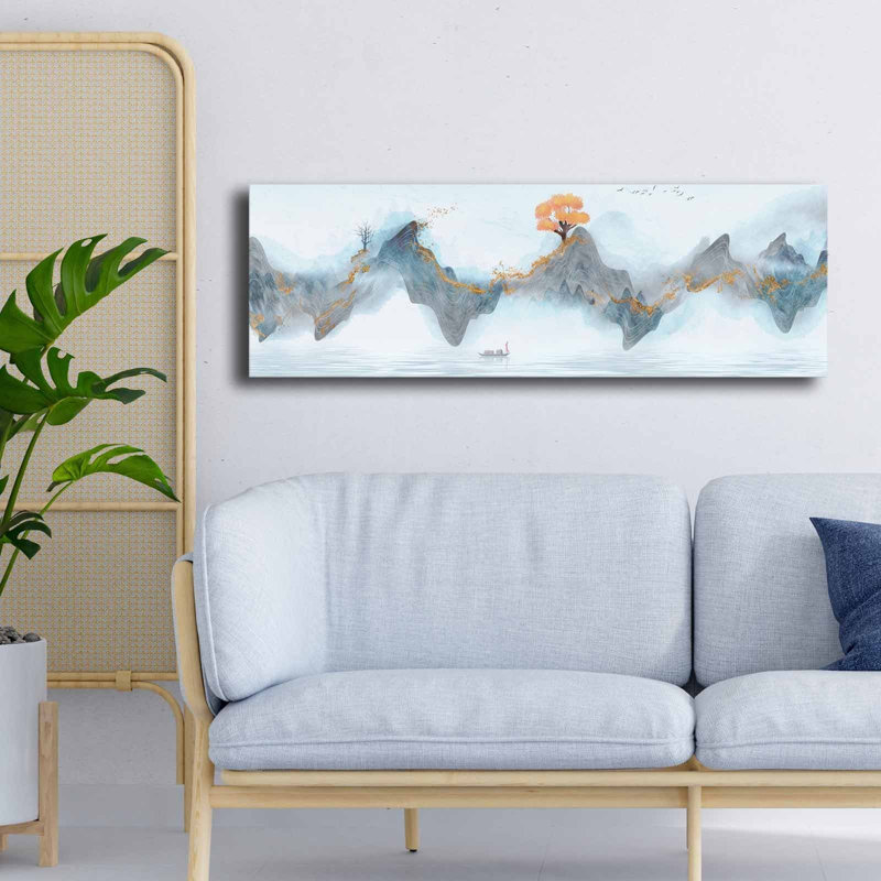 Stunning Decorative Canvas Painting, 11.8 x 35.4 inches | 100% Canvas (Thickness: 0.11 inches) & 100% Pine Wood Frame (Thickness: 0.87 inches) | Vibrant Blue, Salmon, Gold, & White Colors | Perfect for Home & Office Decor
