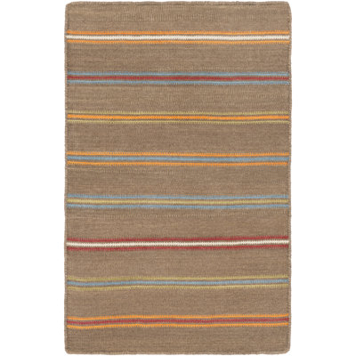Tapis brun rayé en laine tissé à plat à la main Raveena