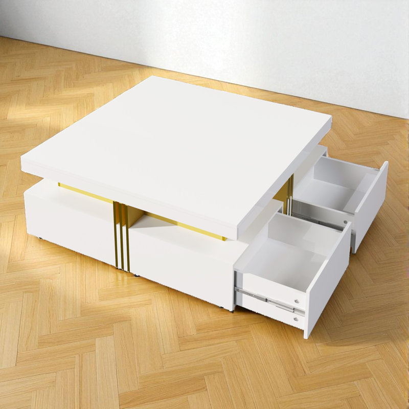 Modern Square Storage Coffee Table with 4 Drawers Contemporary Storage Table Cocktail Table Living Room Table, White