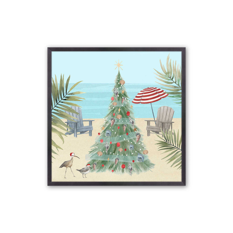 Imprimé Beachside Christmas II, H 13,75 po x l 13,75 po, Cadre simple en zinc patiné, bois massif