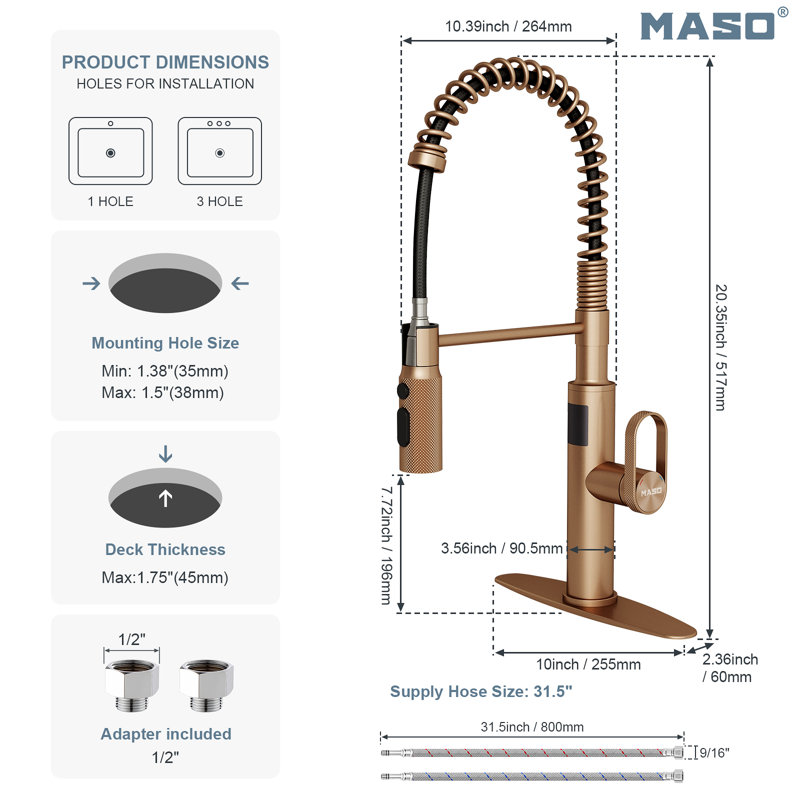 MASO Touchless Spring Kitchen Faucet with Pull-Down Sprayer, Fahrenheit Temperature Display, 3 Spray Modes, 360° Swivel, Single Handle for RV, Farmhouse, Camper, Laundry & Bar, Brushed Rose Gold