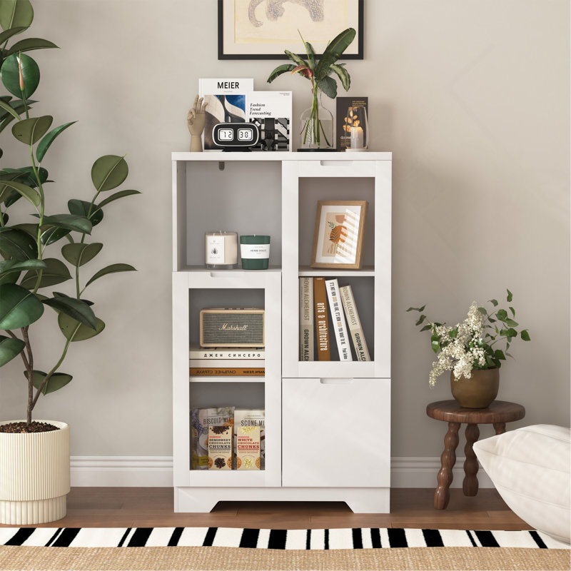 Armoire en MDF peint avec portes et tiroir en verre, espace de rangement ouvert, blanc, chambre à coucher, salon