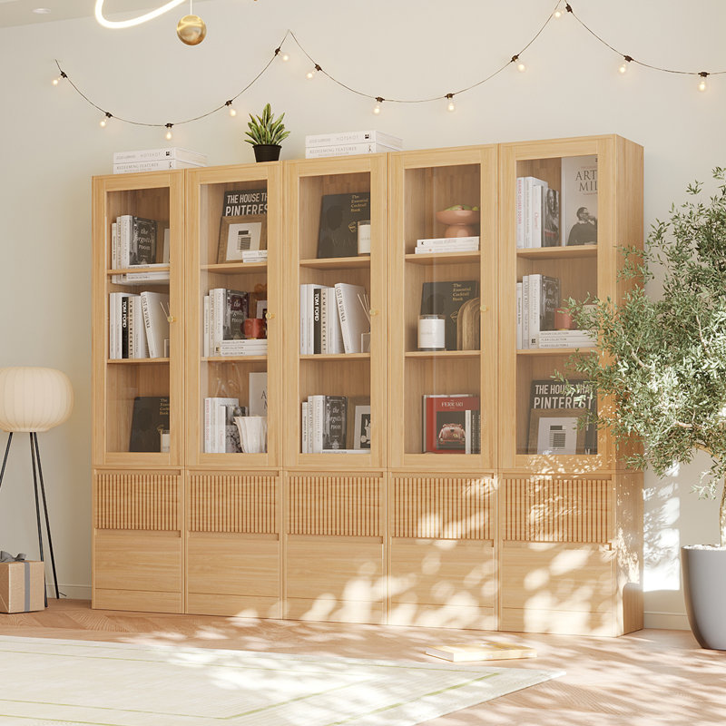 Branigans Wooden Glass Door Bookcase, 5 Pcs 3-Tier Cube Bookshelf Storage Cabinet With Double Drawer And Shelf
