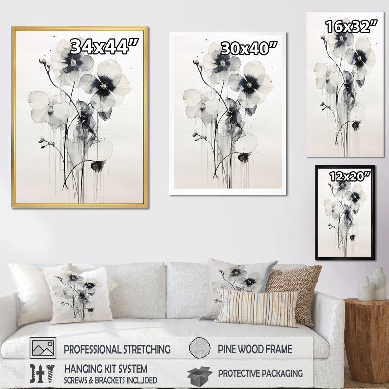 Violettes ornées noires et blanches sur toile, Cadre simple argenté, H 40 po x l 30 po x P 1,5 po