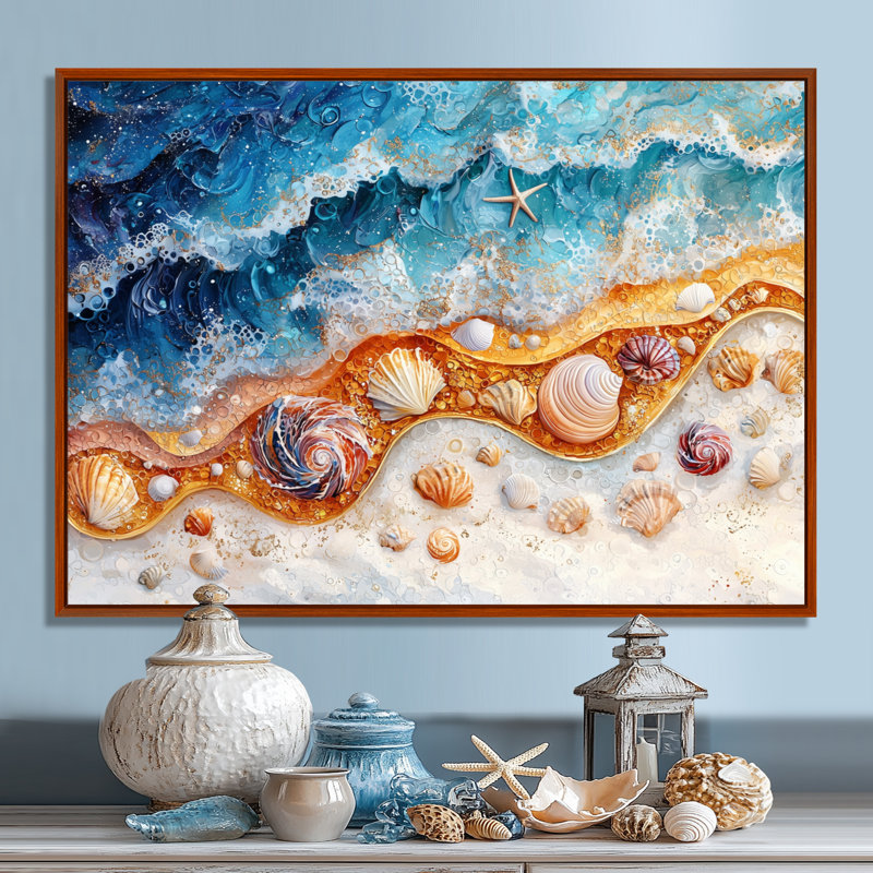 Abstrait coquillage et plage vue aérienne III - art mural bord de mer, H 34 po x l 44 po, Brun, Cadre flottant