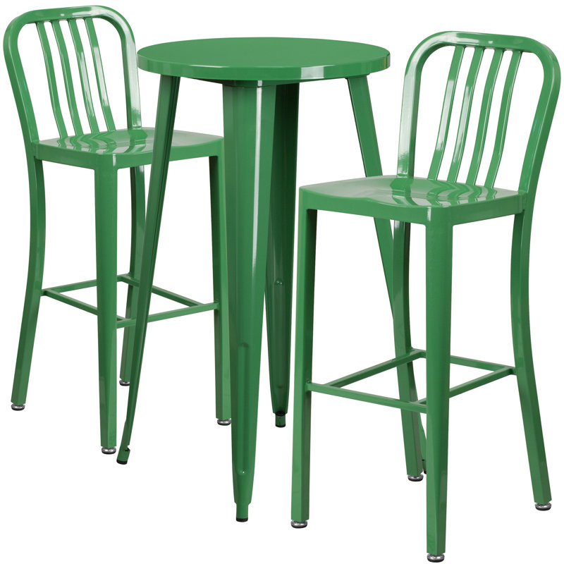Drumfane 30'' Round Metal Indoor-Outdoor Bar Table Set with 2 Vertical Slat Back Stools, Green, 24'' x 24'' x 41''