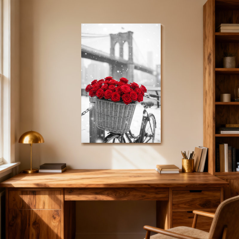 Scènes et paysages urbains de roses rouges dans un panier à vélo avec fond de pont, H 48 po x l 32 po