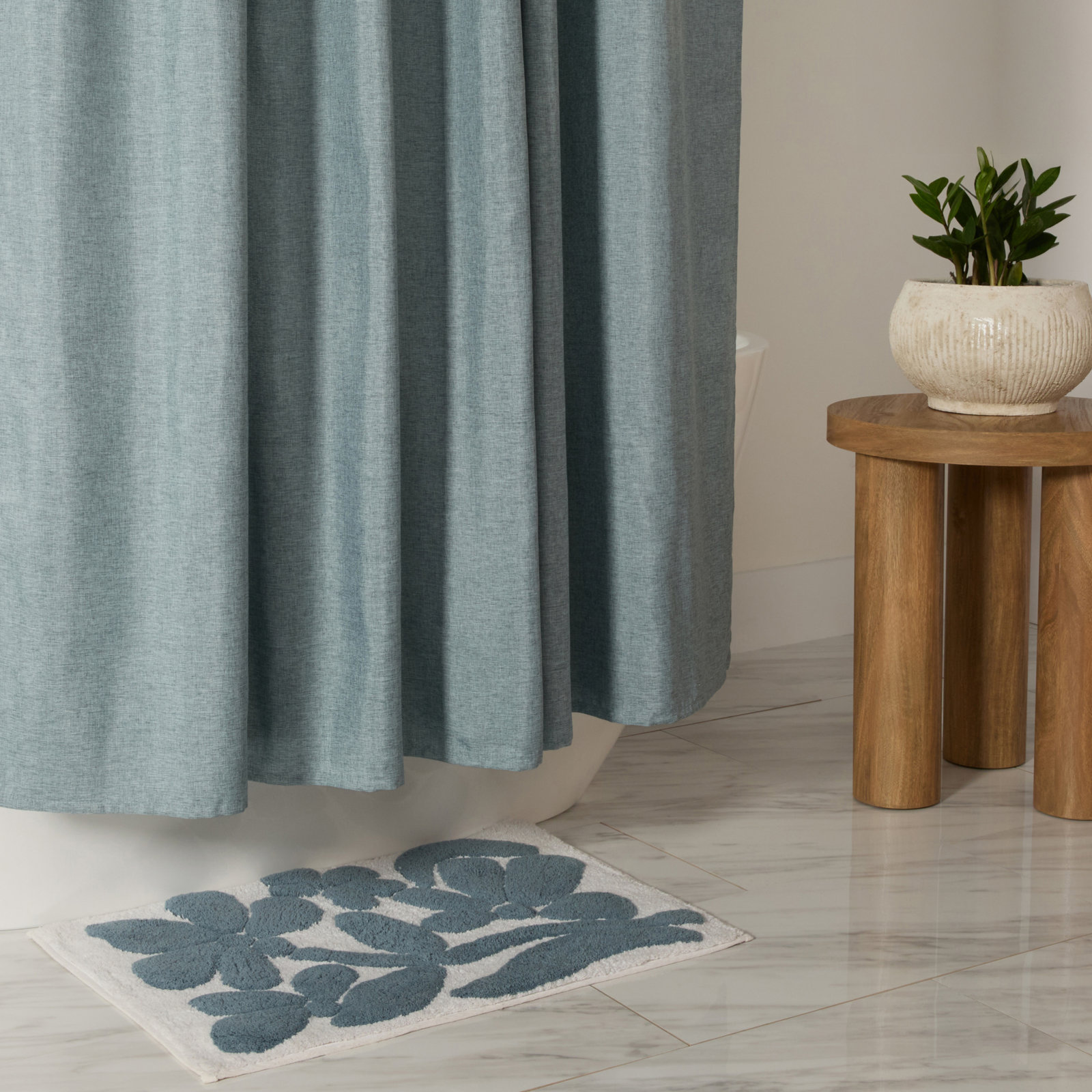 Linen-Look Textured Woven Shower Curtain, Blue