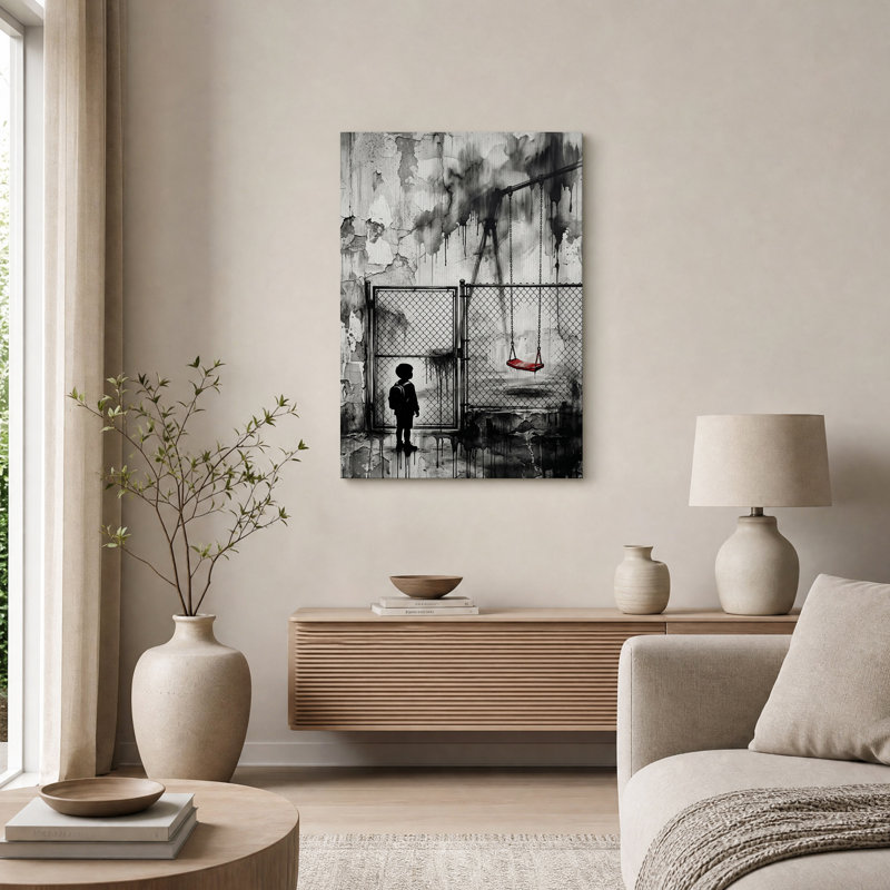 Silhouette d'un garçon avec une balançoire rouge derrière une clôture grillagée, tableau sur toile, 48"H x 32"W