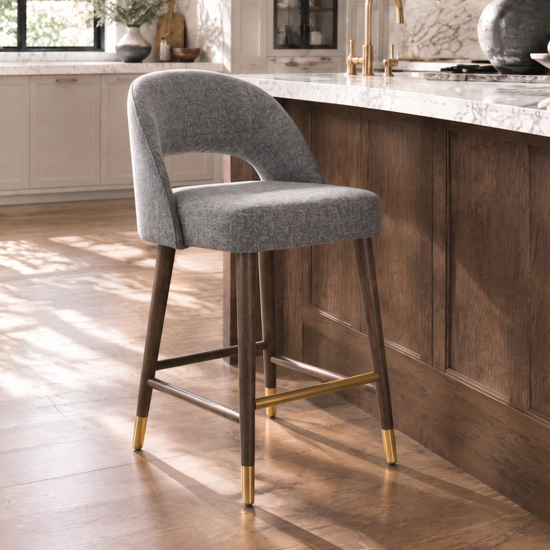 Tabouret de comptoir rembourré à dossier bas avec pieds en bois massif, Gris