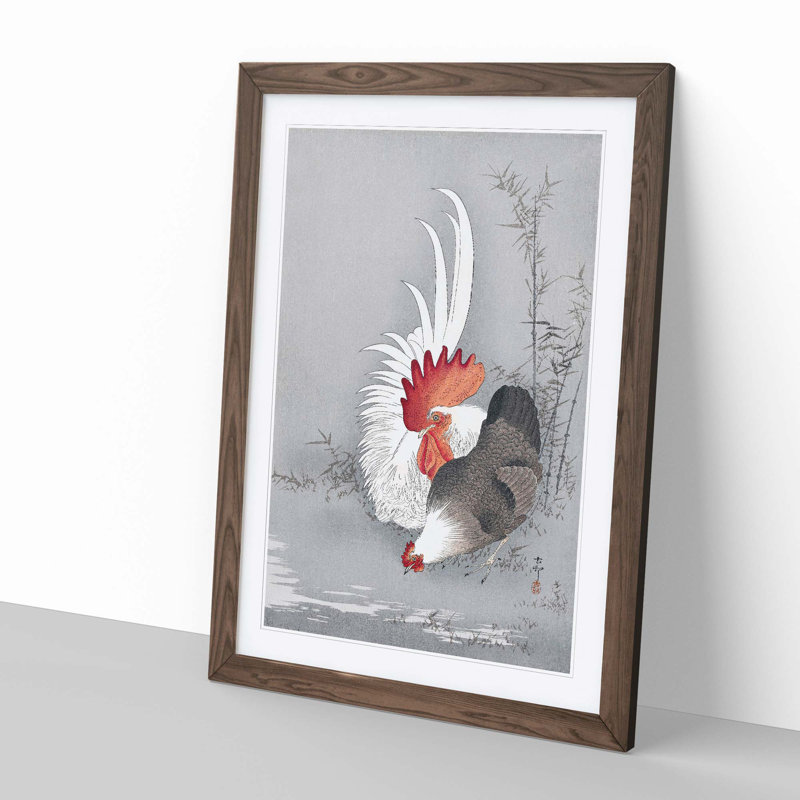 Rooster & Chicken by Ohara Koson - Picture Frame Graphic Art Print, Walnut, 50cm H x 35cm W x 2cm D