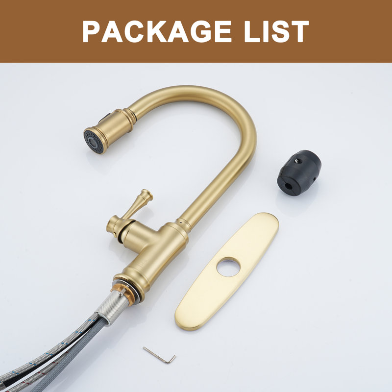 Brushed Gold Single Handle Pull-Out Kitchen Faucet with Deck Plate