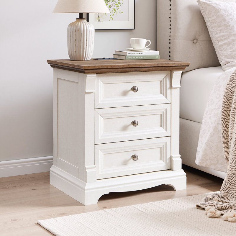 24" Farmhouse Nightstand With Charging Station With 3 Drawers Storage, Wood Side Table,End Table, White/Brown